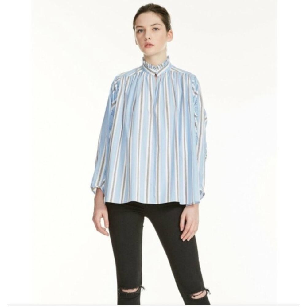 Maje Blue and White Striped High-Neck Blouse
